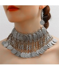 Middle East Coins Tassel Fashion Alloy Wholesale Costume Necklace and Earrings Jewelry Set - Silver