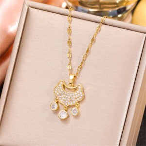 Sweet Cubic Zirconia Embellished Golden Longevity Lock High Fashion Women Wholesale Necklace