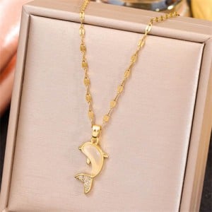 Cubic Zirconia Cute Dolphin Pendant Golden Fashion Women Wholesale Sweater Chain Necklace
