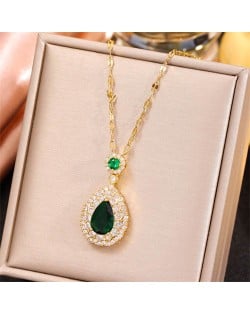 Shining Cubic Zirconia Green Waterdrop Pendant Golden Women Wholesale Fashion Necklace