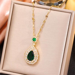 Shining Cubic Zirconia Green Waterdrop Pendant Golden Women Wholesale Fashion Necklace