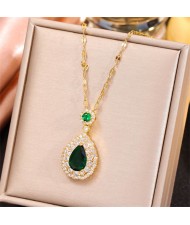 Shining Cubic Zirconia Green Waterdrop Pendant Golden Women Wholesale Fashion Necklace