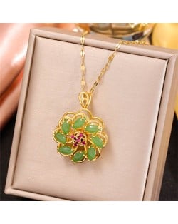 Cubic Zirconia Embellshed Green Revolving Flower Women Golden Wholesale Fashion Necklace