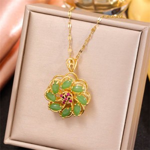 Cubic Zirconia Embellshed Green Revolving Flower Women Golden Wholesale Fashion Necklace