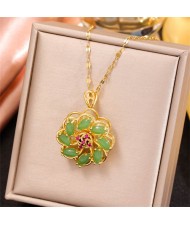 Cubic Zirconia Embellshed Green Revolving Flower Women Golden Wholesale Fashion Necklace
