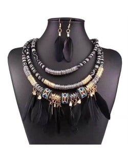 Bohemian Fashion Feather Tassel Design Triple Layer Bold Wholesale Costume Necklace and Earrings Set - Black