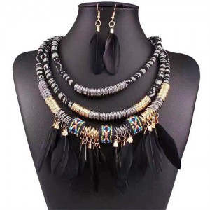Bohemian Fashion Feather Tassel Design Triple Layer Bold Wholesale Costume Necklace and Earrings Set - Black