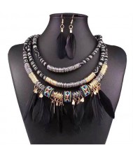 Bohemian Fashion Feather Tassel Design Triple Layer Bold Wholesale Costume Necklace and Earrings Set - Black