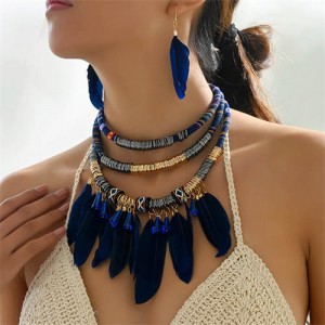 Bohemian Fashion Feather Tassel Design Triple Layer Bold Wholesale Costume Necklace and Earrings Set - Blue