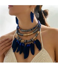 Bohemian Fashion Feather Tassel Design Triple Layer Bold Wholesale Costume Necklace and Earrings Set - Blue