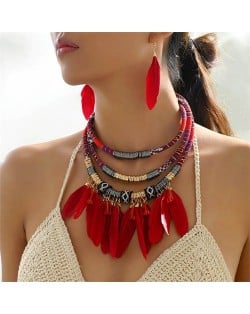 Bohemian Fashion Feather Tassel Design Triple Layer Bold Wholesale Costume Necklace and Earrings Set - Red