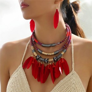 Bohemian Fashion Feather Tassel Design Triple Layer Bold Wholesale Costume Necklace and Earrings Set - Red