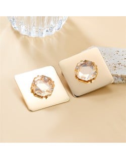 Square Shape Deaign Rhinestone Decorated Bright Surface Alloy Women Wholesale Costume Earrings - Golden