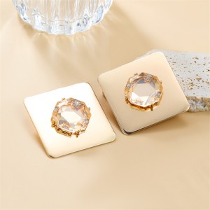Square Shape Deaign Rhinestone Decorated Bright Surface Alloy Women Wholesale Costume Earrings - Golden