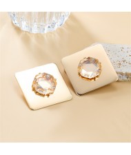 Square Shape Deaign Rhinestone Decorated Bright Surface Alloy Women Wholesale Costume Earrings - Golden