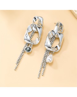 Irregular Rectangular Circle Rhinestone Tassel Long Style Women Wholesale Costume Earrings - Silver