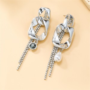Irregular Rectangular Circle Rhinestone Tassel Long Style Women Wholesale Costume Earrings - Silver