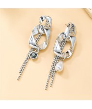 Irregular Rectangular Circle Rhinestone Tassel Long Style Women Wholesale Costume Earrings - Silver