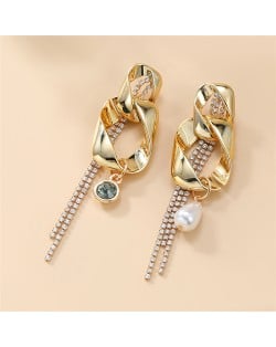 Irregular Rectangular Circle Rhinestone Tassel Long Style Women Wholesale Costume Earrings - Golden