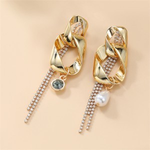 Irregular Rectangular Circle Rhinestone Tassel Long Style Women Wholesale Costume Earrings - Golden