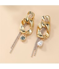 Irregular Rectangular Circle Rhinestone Tassel Long Style Women Wholesale Costume Earrings - Golden