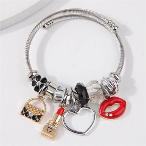 Lipstick Heart and Handbag Pendants Women Wholesale Costume Bracelet - Black