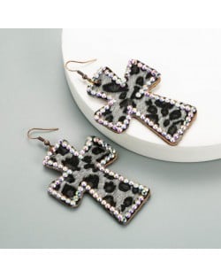 Leopard Prints Rhinestone Rimmed Dangle Cross Wholesale Leather Fashion Earrings - Black