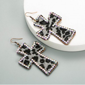 Leopard Prints Rhinestone Rimmed Dangle Cross Wholesale Leather Fashion Earrings - Black