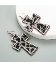 Leopard Prints Rhinestone Rimmed Dangle Cross Wholesale Leather Fashion Earrings - Black