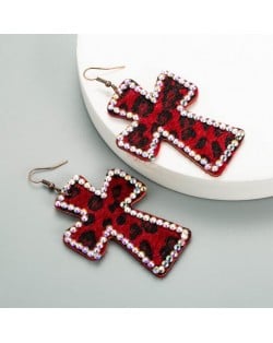 Leopard Prints Rhinestone Rimmed Dangle Cross Wholesale Leather Fashion Earrings - Red