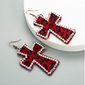 Leopard Prints Rhinestone Rimmed Dangle Cross Wholesale Leather Fashion Earrings - Red