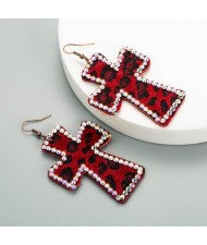 Leopard Prints Rhinestone Rimmed Dangle Cross Wholesale Leather Fashion Earrings - Red