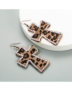 Leopard Prints Rhinestone Rimmed Dangle Cross Wholesale Leather Fashion Earrings - Coffee