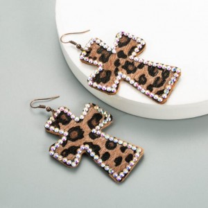 Leopard Prints Rhinestone Rimmed Dangle Cross Wholesale Leather Fashion Earrings - Coffee