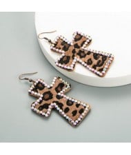 Leopard Prints Rhinestone Rimmed Dangle Cross Wholesale Leather Fashion Earrings - Coffee