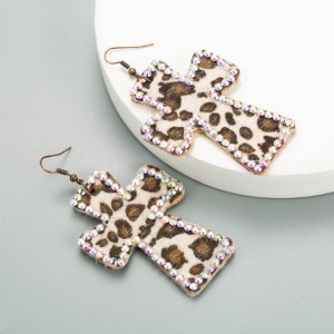Leopard Prints Rhinestone Rimmed Dangle Cross Wholesale Leather Fashion Earrings - White