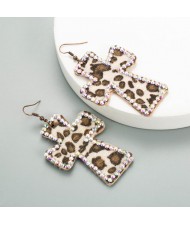 Leopard Prints Rhinestone Rimmed Dangle Cross Wholesale Leather Fashion Earrings - White