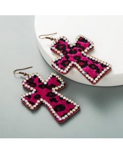 Leopard Prints Rhinestone Rimmed Dangle Cross Wholesale Leather Fashion Earrings - Rose