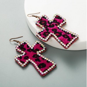Leopard Prints Rhinestone Rimmed Dangle Cross Wholesale Leather Fashion Earrings - Rose