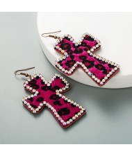 Leopard Prints Rhinestone Rimmed Dangle Cross Wholesale Leather Fashion Earrings - Rose