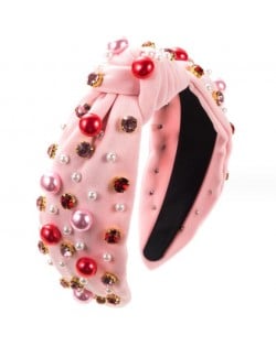 Pearl and Rhinestone Embellished Jewel Fashion Wholesale Headband Craft Baroque Style Hairhoop - Pink