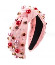 Pearl and Rhinestone Embellished Jewel Fashion Wholesale Headband Craft Baroque Style Hairhoop - Pink