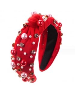 Pearl and Rhinestone Embellished Jewel Fashion Wholesale Headband Craft Baroque Style Hairhoop - Red