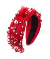 Pearl and Rhinestone Embellished Jewel Fashion Wholesale Headband Craft Baroque Style Hairhoop - Red