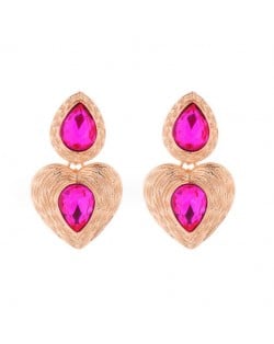 Glass Drill Embellished Vintage Heart French Design Wholesale Fashion Earrings - Rose