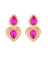 Glass Drill Embellished Vintage Heart French Design Wholesale Fashion Earrings - Rose