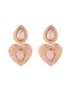 Glass Drill Embellished Vintage Heart French Design Wholesale Fashion Earrings - Coffee