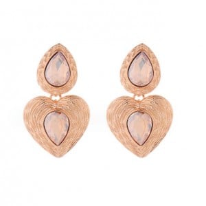 Glass Drill Embellished Vintage Heart French Design Wholesale Fashion Earrings - Coffee