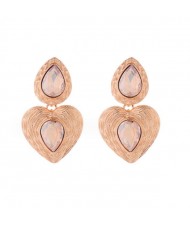 Glass Drill Embellished Vintage Heart French Design Wholesale Fashion Earrings - Coffee
