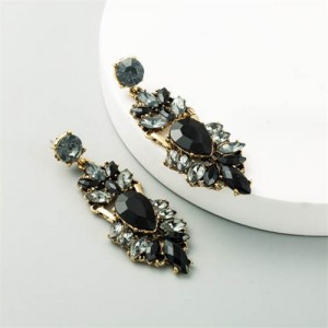 Bold Folk Fashion Rhinestone Floral Design Wholesale Dangle Earrings - Black